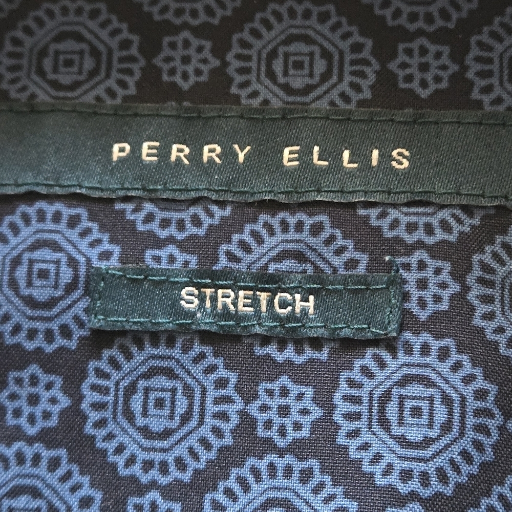Perry Ellis Men’s 2XLT Stretch Blue Patterned Short Sleeve Button Up Shirt - Picture 10 of 15